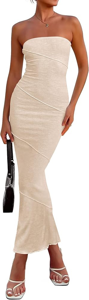 PRETTYGARDEN Women's Ribbed Maxi Bodycon Dress Summer Strapless Tube Y2K Party Club Long Dresses | Amazon (US)