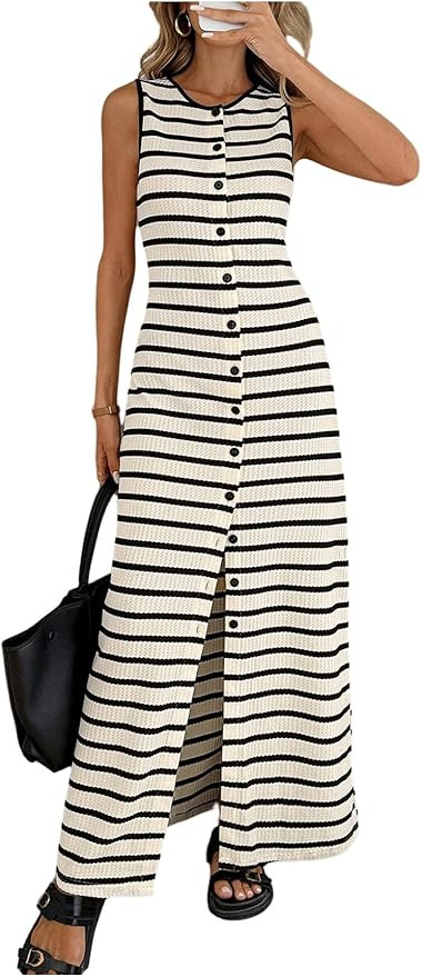 GORGLITTER Women's Striped Maxi Dress Going Out Summer Sleeveless Button Down Long Tank Dresses B... | Amazon (US)