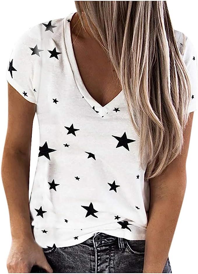 Eoeth Women's Casual V-Neck Star Print Shirts Fashion Loose Short Sleeves T-Shirt Simple Blouse T... | Amazon (US)