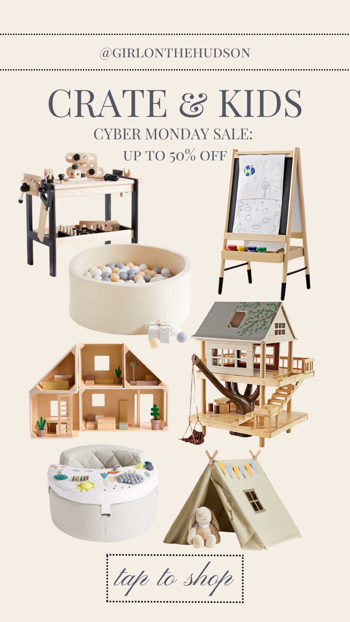 Save up to 50% off big gifts for the kids! 

Crate & kids gifts, gift guide, ply tent, easel, work benchch, dollhouse, treehouse play set, ball pit 

#LTKCyberWeek #LTKGiftGuide #LTKKids