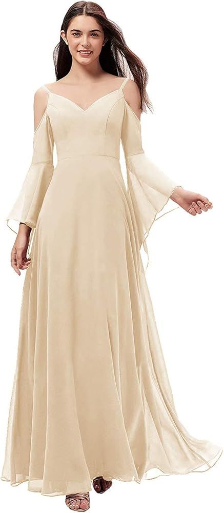 Tianzhihe Cold Shoulder Bridesmaid Dress V Neck Long Sleeve Chiffon Evening Party Prom Gown | Amazon (US)