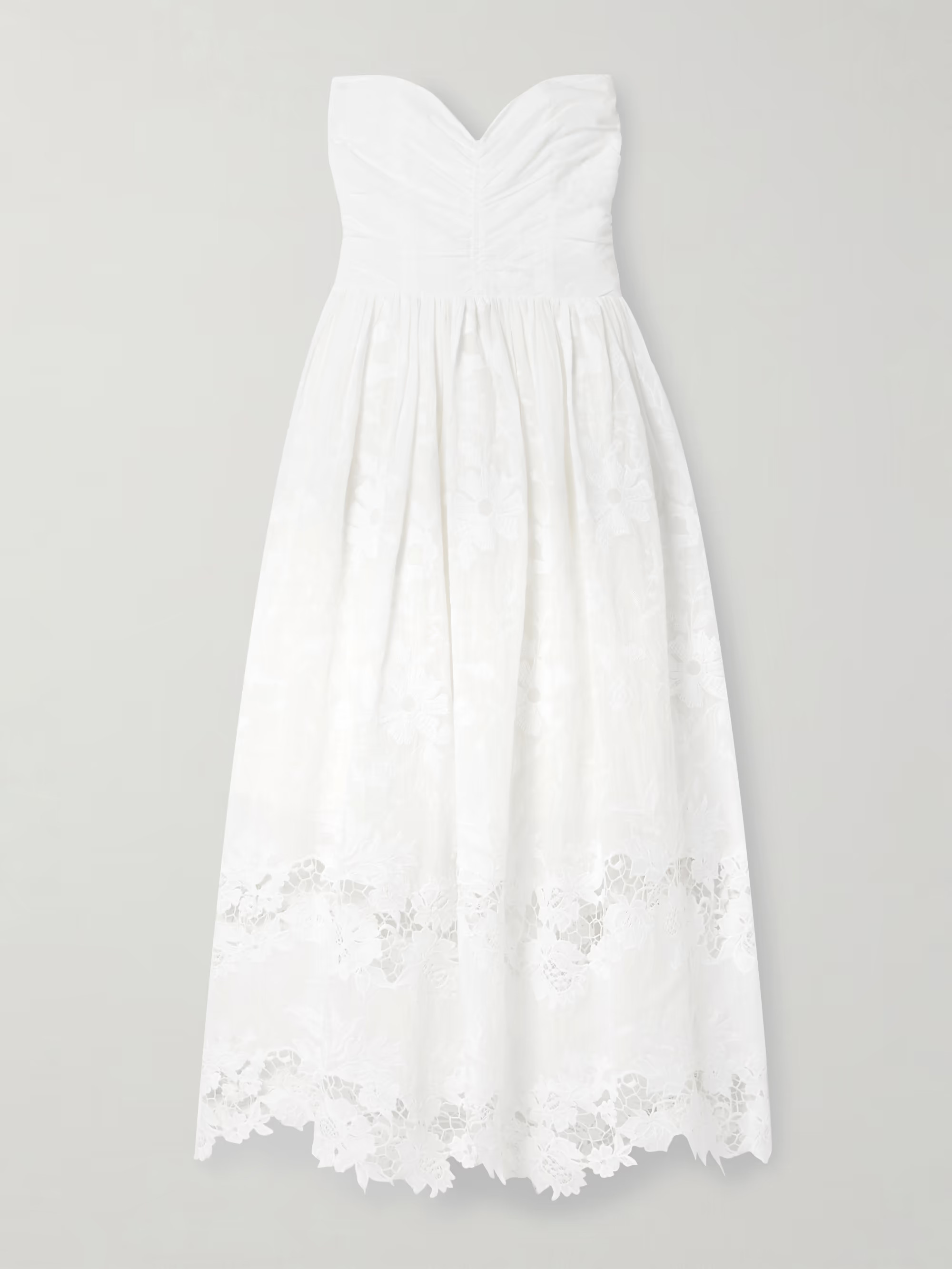 Desideria strapless guipure lace-trimmed embroidered cotton-voile midi dress | NET-A-PORTER (UK & EU)