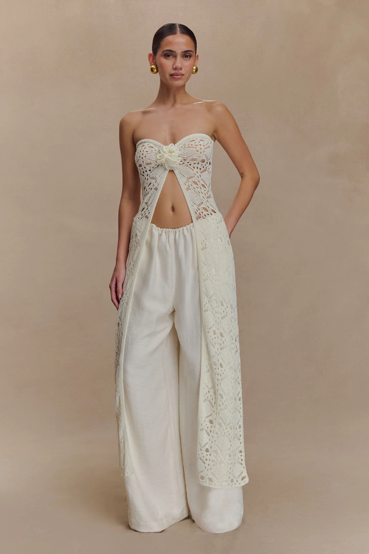 Aeline Strapless Crochet Knit Top - Ivory | MESHKI US