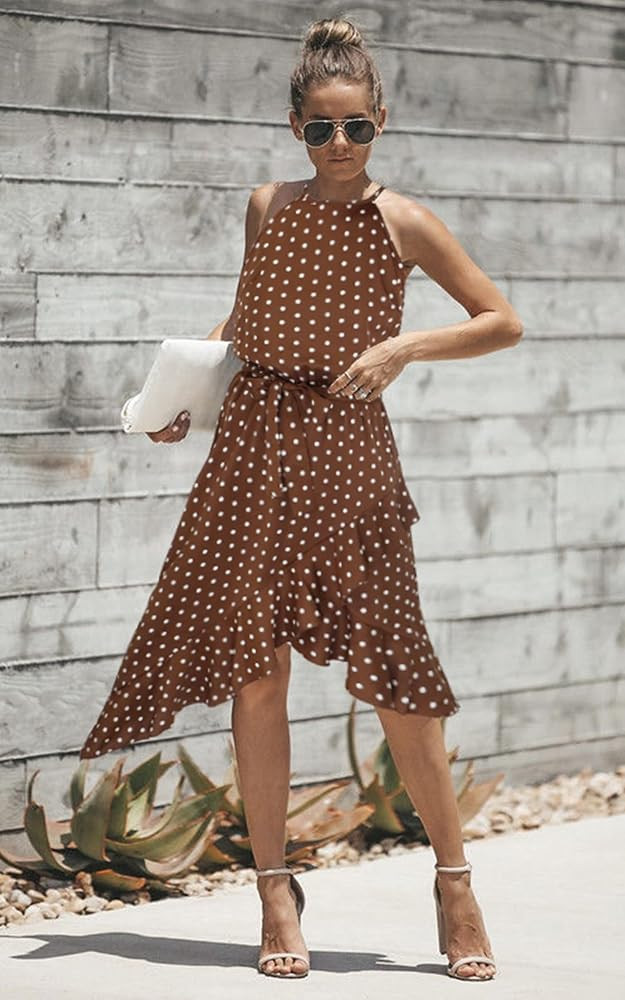 ECOWISH Polka Dot Women Summer Dresses Casual Midi A Line Ruffle High Low Sleeveless Boho Floral ... | Amazon (US)