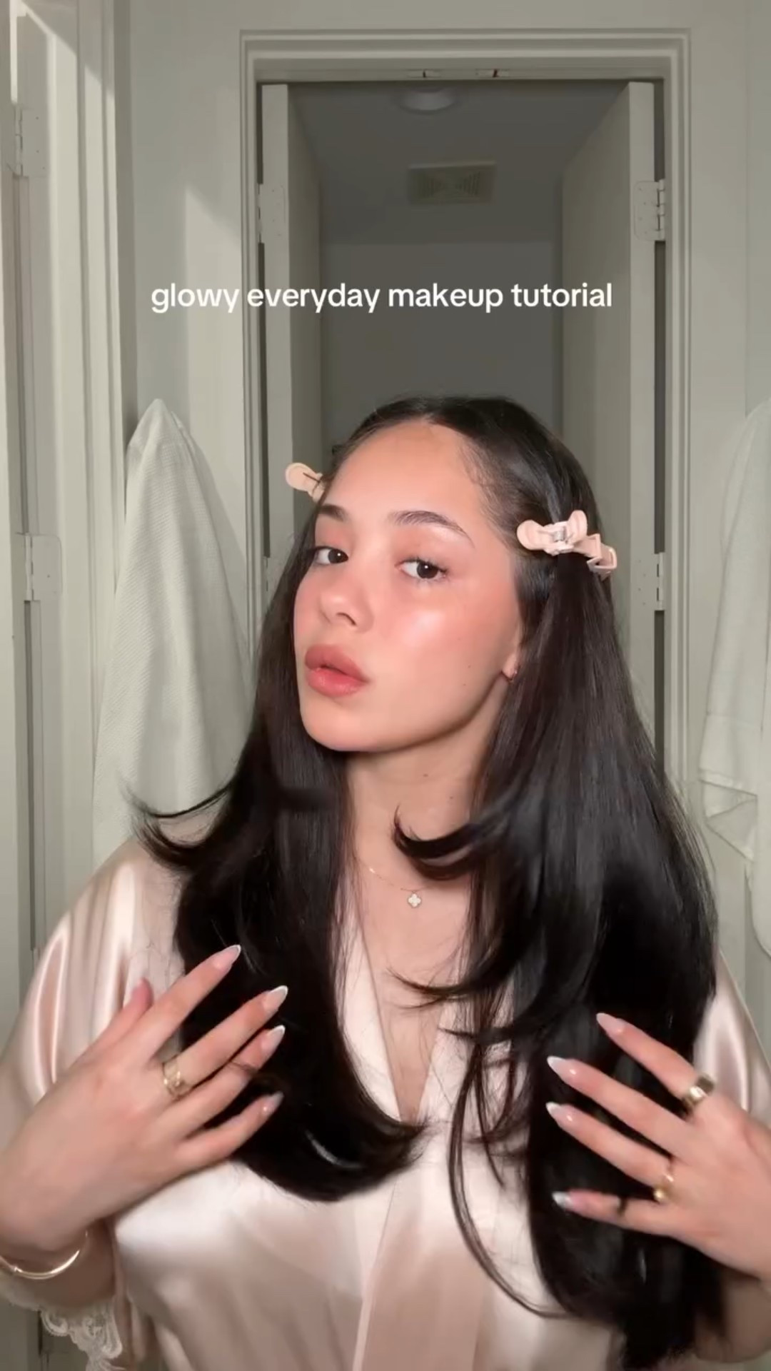 My everyday makeup tutorial 🤍 Product description:  benefitcosmetics Cosmetics brow gel lancomeofficial care and glow concealer saiebeauty dew bronze liquid bronzer hudabeauty liquid blushes in cotton candy & strawberry cream  hudabeauty Beauty cherry blossom loose powder charlottetilbury pinkgasm wand blush glossier lash slick brown mascara rhode lip shape lip contour in lean #makeuptutorial #makeup #beauty #glam