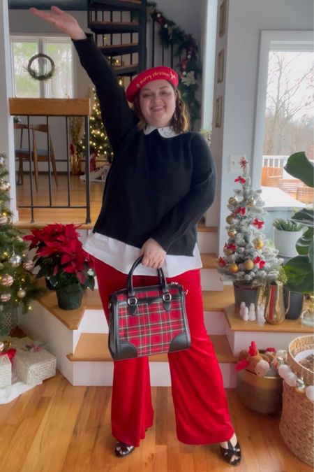 Today’s outfit! Use my code LYNZIJUDISH for 20% off the ModCloth items. 

Christmas outfit, Christmas style, size 16 influencer, plus size fashion, plus size should, Christmas light earrings, red Christmas beret, Christmas lights top, red velvet pants, red tartan purse, red plaid bag, black heels 

#LTKHoliday #LTKcurves #LTKunder50