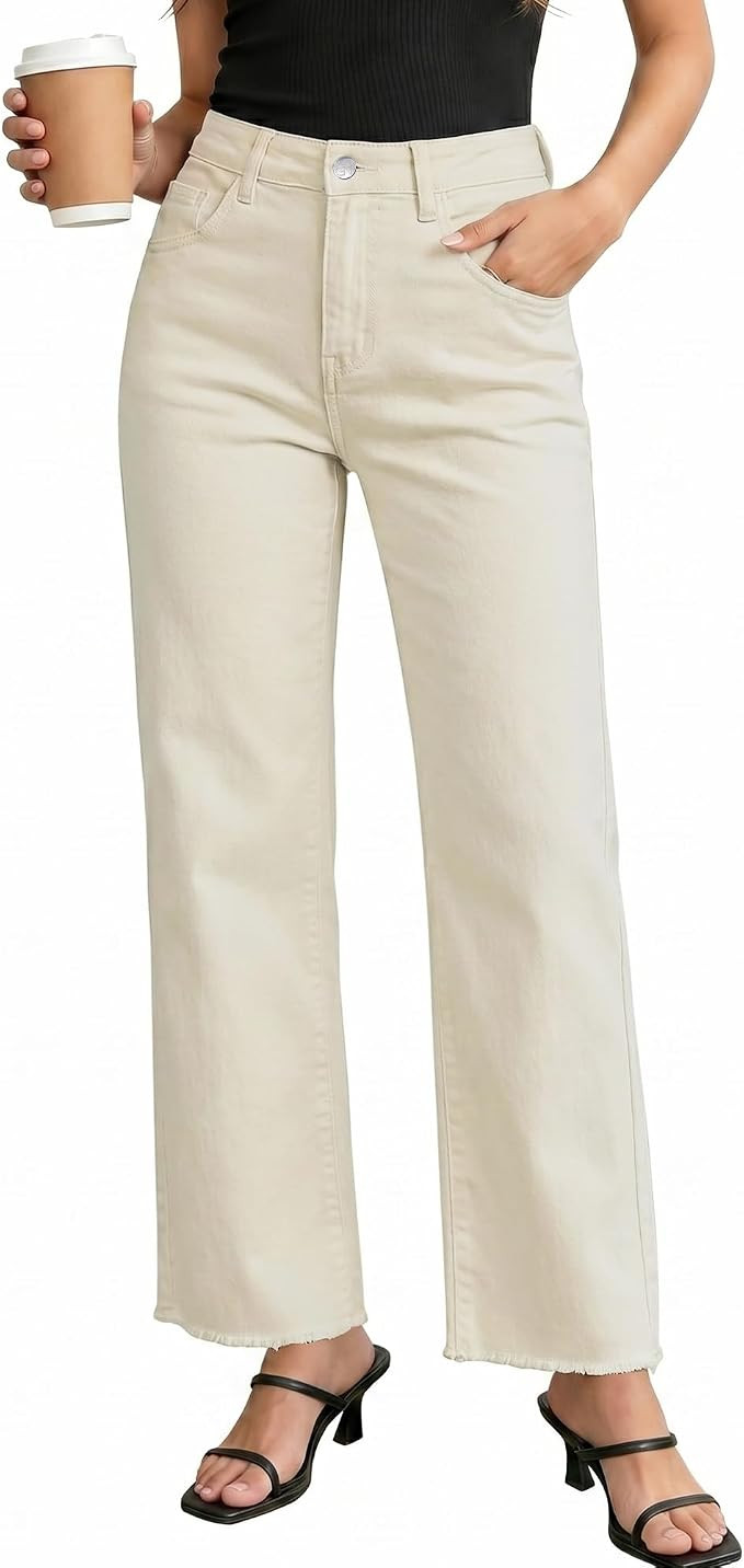 GRAPENT Straight Leg Jeans for Women High Waisted Stretchy Frayed Raw Hem Loose Denim Pants Casua... | Amazon (US)
