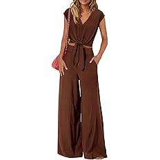 PRETTYGARDEN Women's Summer 2 Piece Outfits 2025 Cap Sleeve V Neck Belted Crop Tops Wide Leg Pant... | Amazon (US)