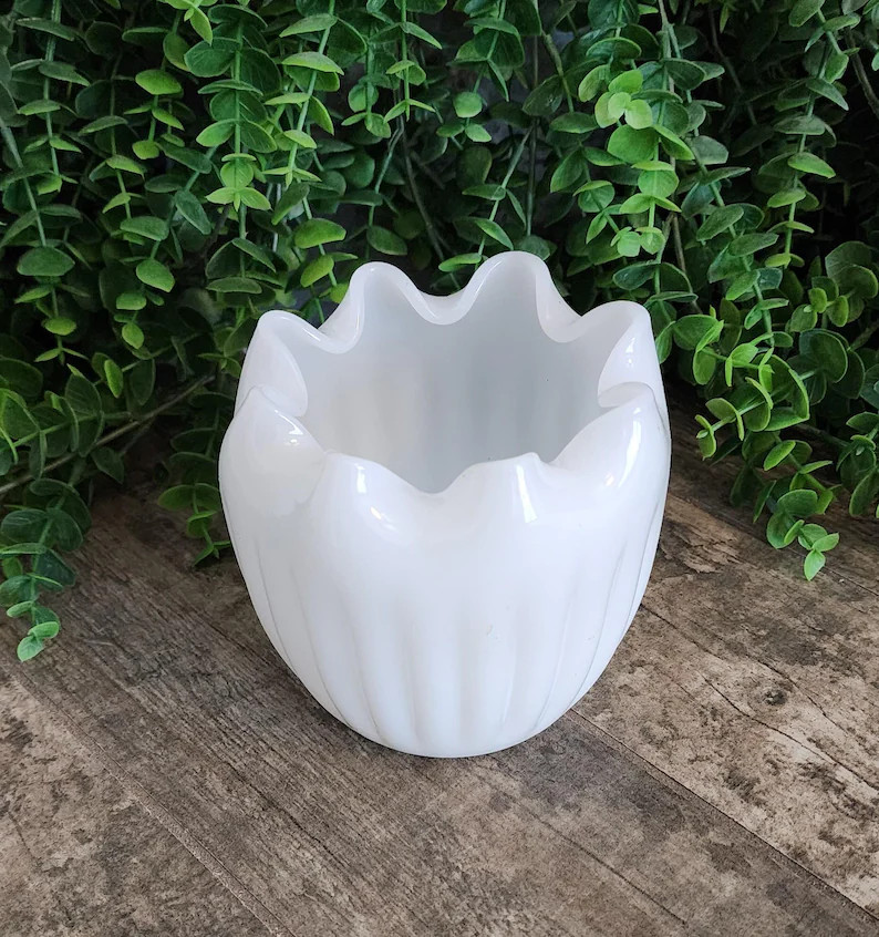 Vintage MCM White Milk Glass Tulip Fluted Ribbed Vase Bowl - Etsy | Etsy (US)
