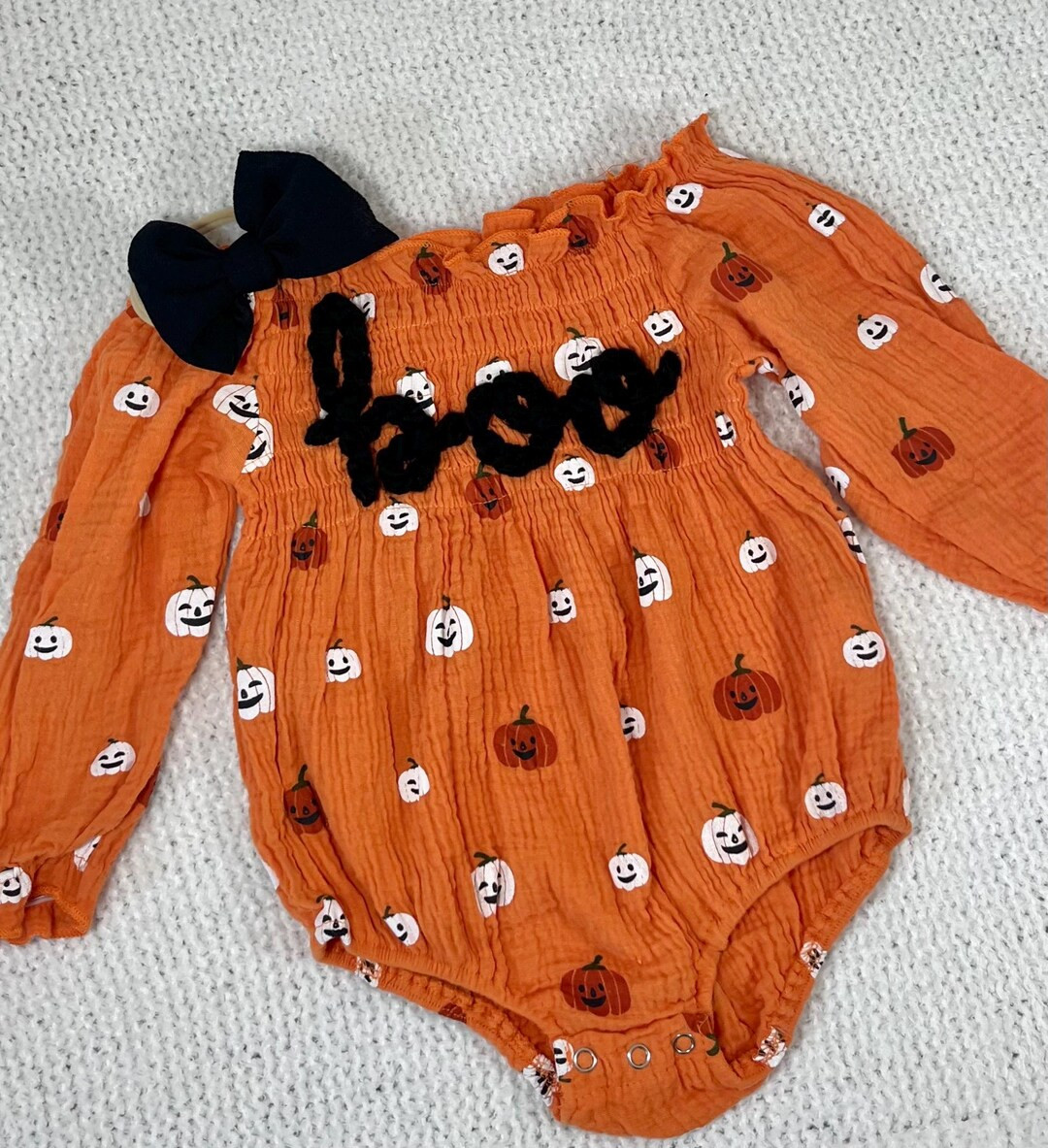 Hand Embroidered Pumpkin Halloween Ghost Boo Bubble Romper Baby Toddler Girls Orange Neutral Cust... | Etsy (US)