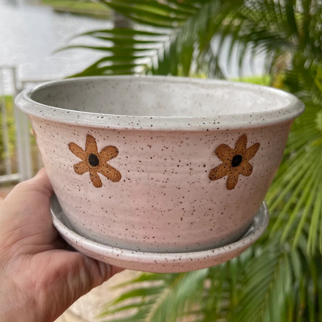 Ceramic Wildflower Planter, Large White Speckled Flowerpot With Saucer, Succulent Plant Pot, Plan... | Etsy (US)