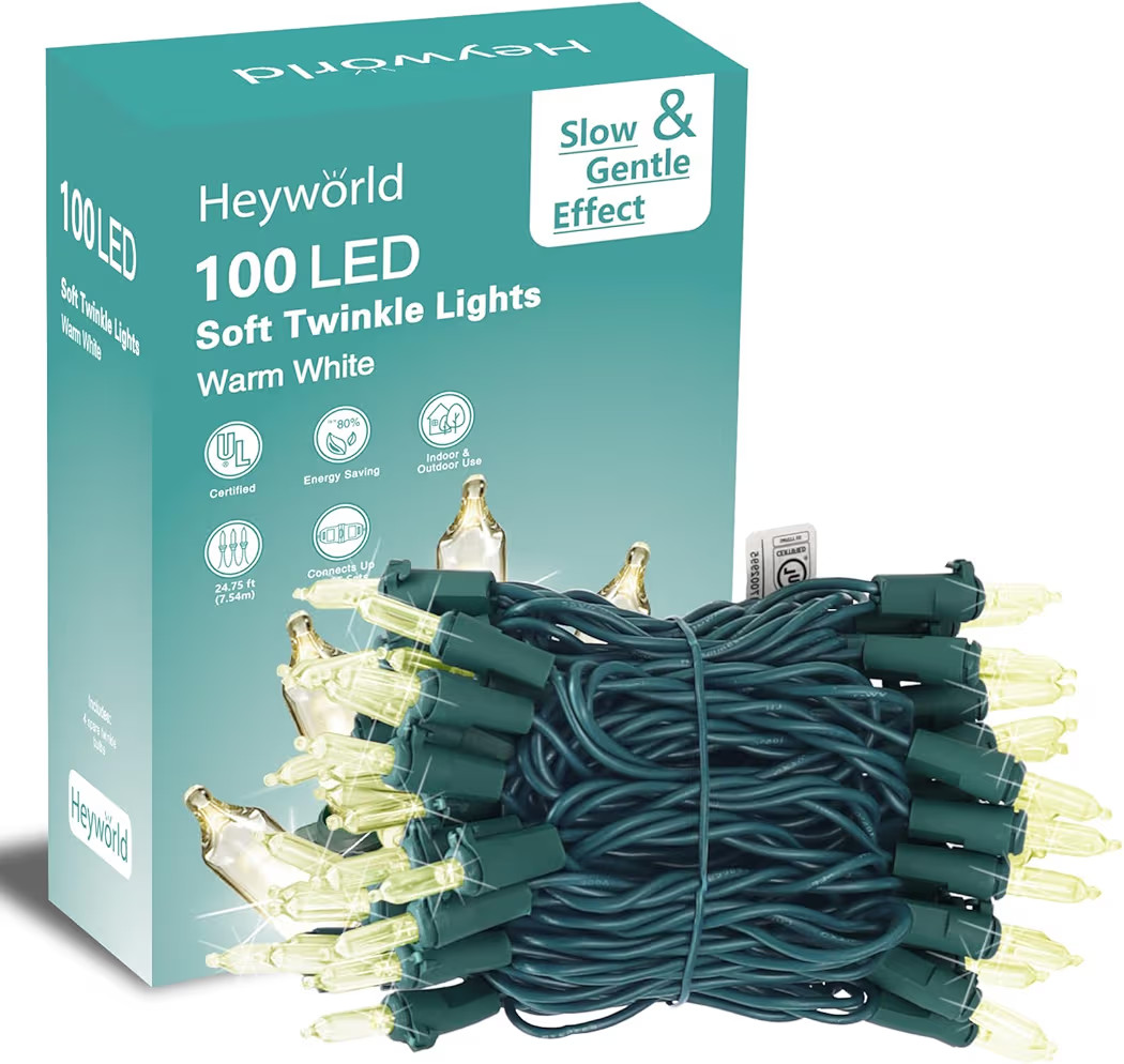 Heyworld Soft Twinkle Lights, 100 LED Warm White, Slow Twinkling, 14.58 Ft Green Wire Cord, UL Ap... | Amazon (US)