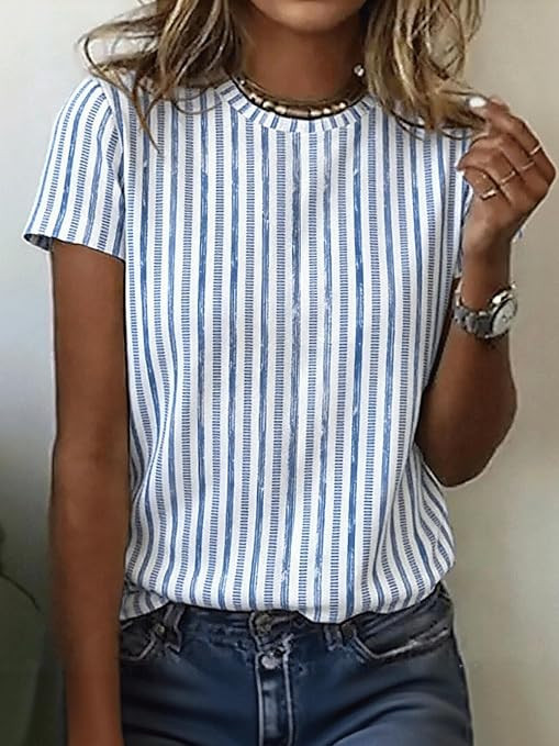 Women's Summer Blue White Vertical Striped Round Neck Short Sleeve T-Shirt Casual Loose Top | Amazon (US)