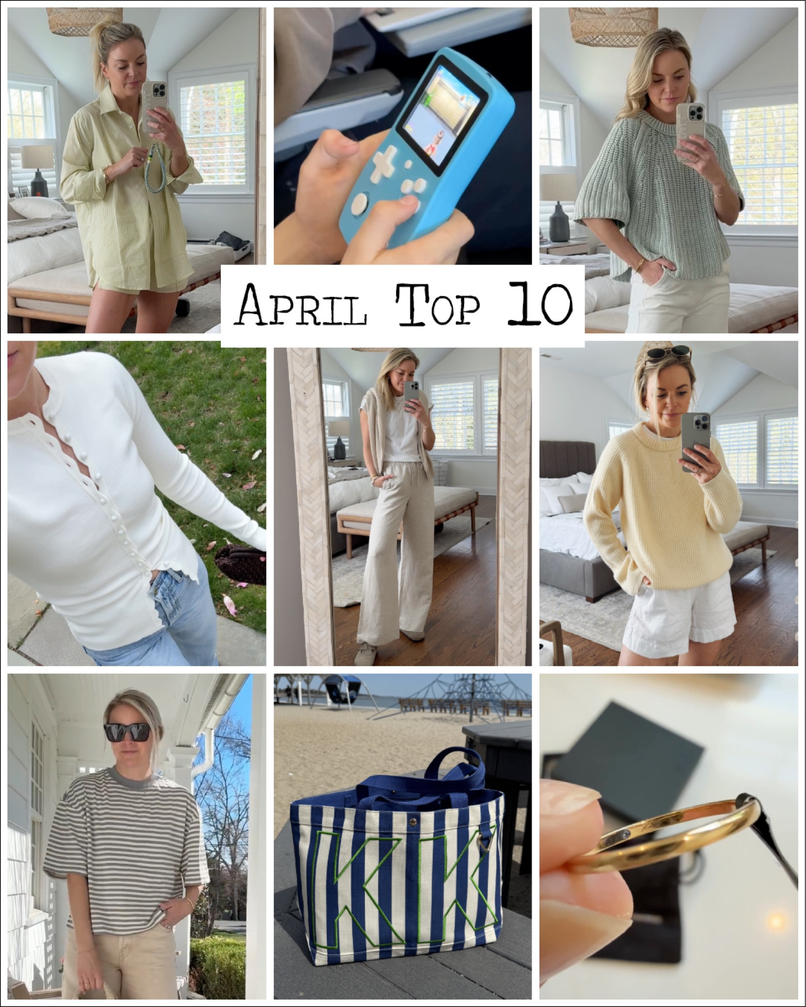 April Top 10 follower favorites 
1. Striped Rhone Set - size small 
2. Amazon game boy under $40
3. Short sleeve sweater - size small 
4. Scallop cardigan - size small 
5. Linen pants - size small 
6. Butter yellow sweater - medium 
7. Striped tee - size XS 
8. Striped tote - medium 
9. Target matching set 
10. Dainty ring (I used code welcome15 for 15% off ) 