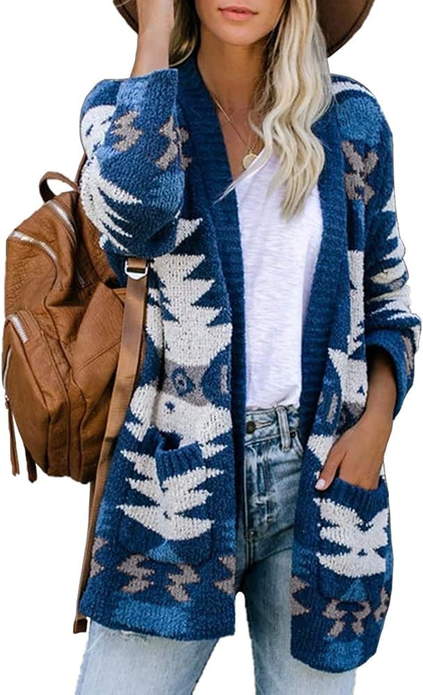 FERBIA Women Boho Cardigan Aztec Open Front Loose Slouchy Sweaters Tribal Long Sleeve Knitted Chr... | Amazon (US)