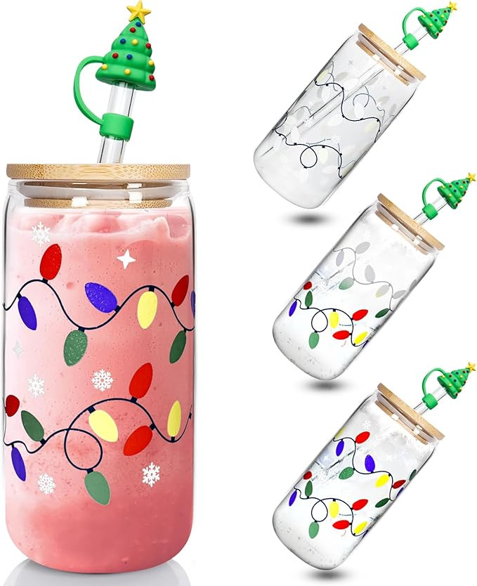 Christmas Cups, Christmas Gift Iced Coffee Cup with Color Changing, 18oz Glass Cups with Lids and... | Amazon (US)