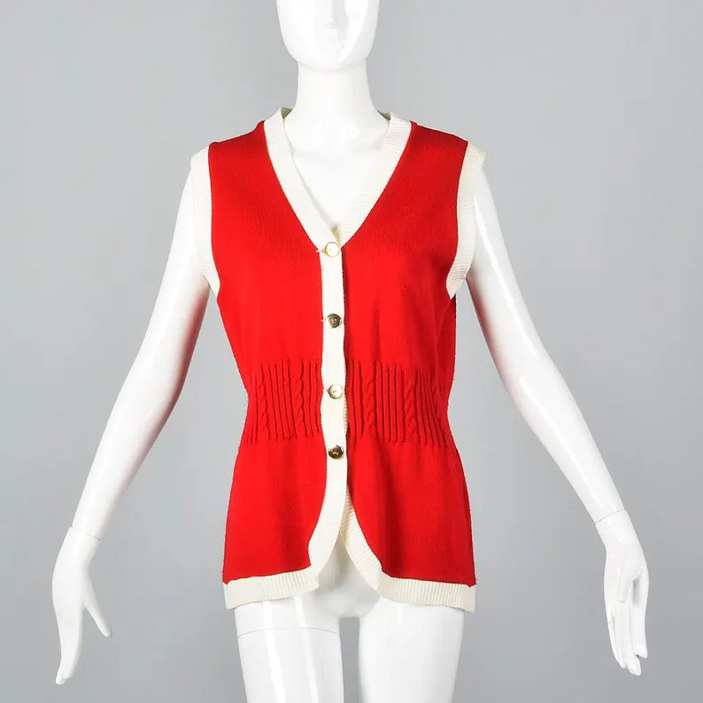 Medium 1960s Red Knit Vest Sleeveless Vest Button Front V Neck Fall Winter Separates Layering 60s... | Etsy (Global)
