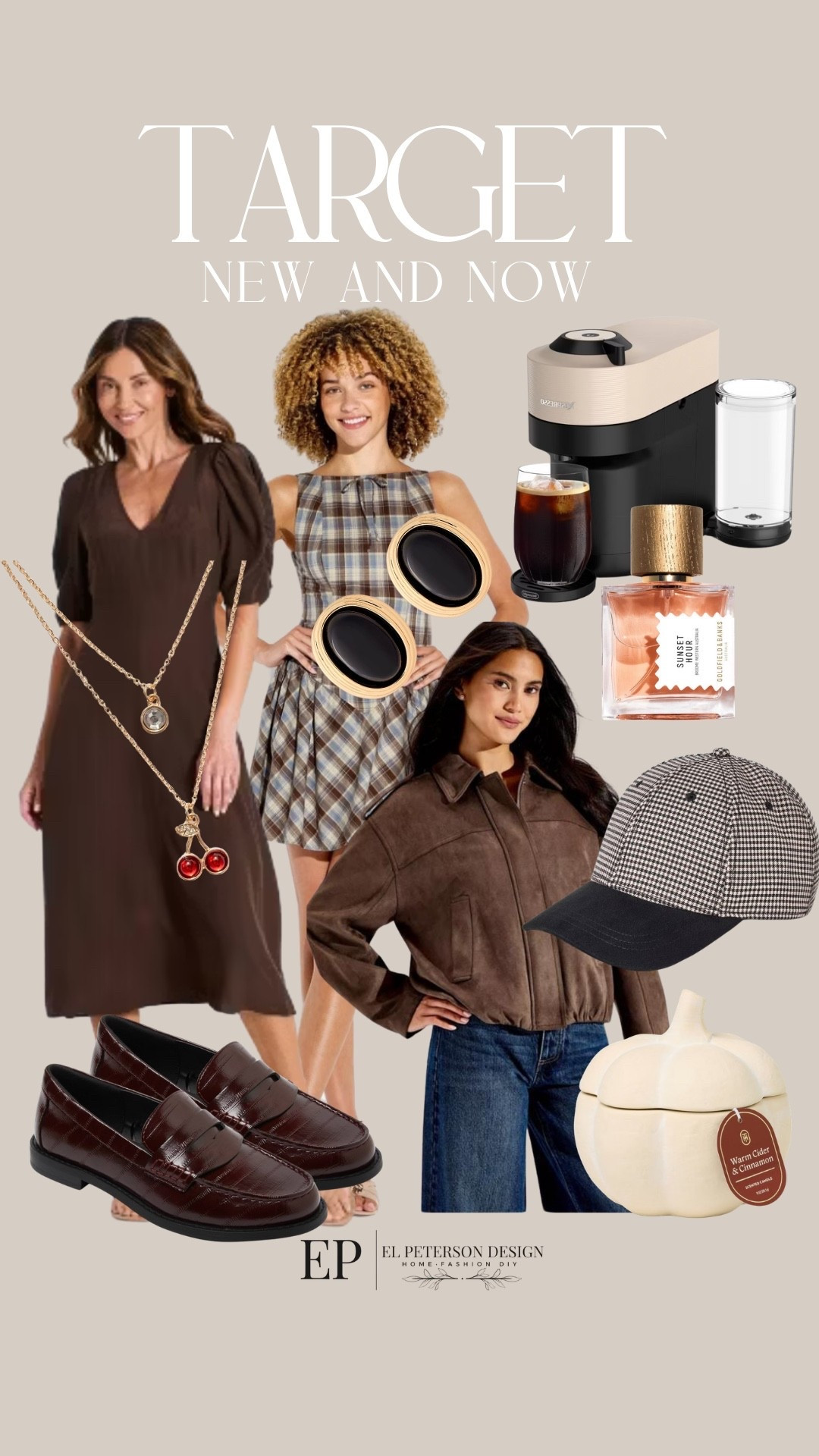 Target 
New and now
Dresses
Jacket
Caps
Candle
Expresso machine
Ladders
Necklace 
Earrings