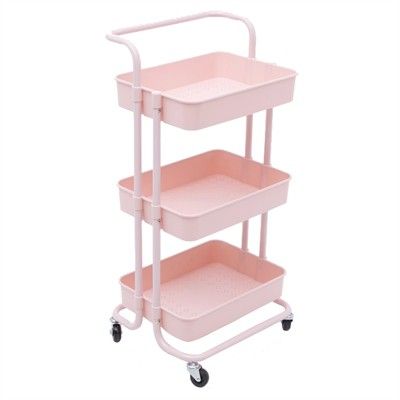 Pemberly Row 3 Tier Rolling Utility Cart with Storage in Light Pink | Target