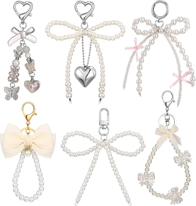 Sureio 6 Pcs Cute Bow Keychain for Women Pearl Key Chains for Car Keys Coquette Bow Keychain Acce... | Amazon (US)