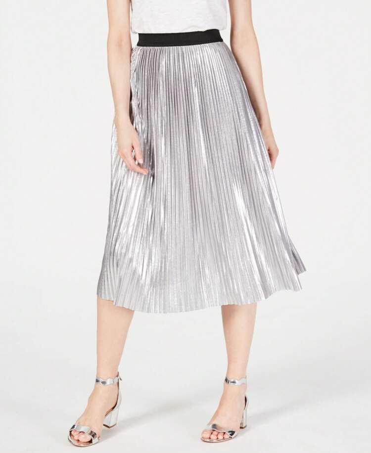 Pull On Metallic Pleated Midi Skirt | SHEIN