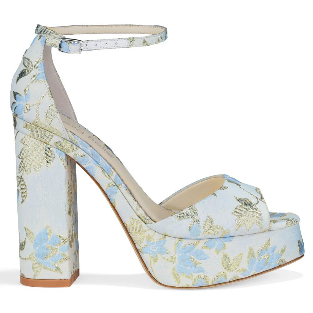 Blue Floral Jacquard Platform Sandals with Ankle Straps | Bella Belle Shoes