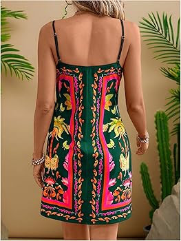 RoseSeek Women's Tropical Print Cami Dress Sleeveless Wrap V Neck Tie Knot Boho Short Dresses | Amazon (US)