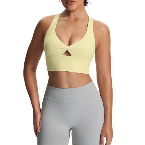 Aoxjox Women's Workout Sports Bras Twist Front Fitness Training Gym Bra Yoga Crop Lola Tank (Pastel Yellow, X-Small) | Amazon (US)