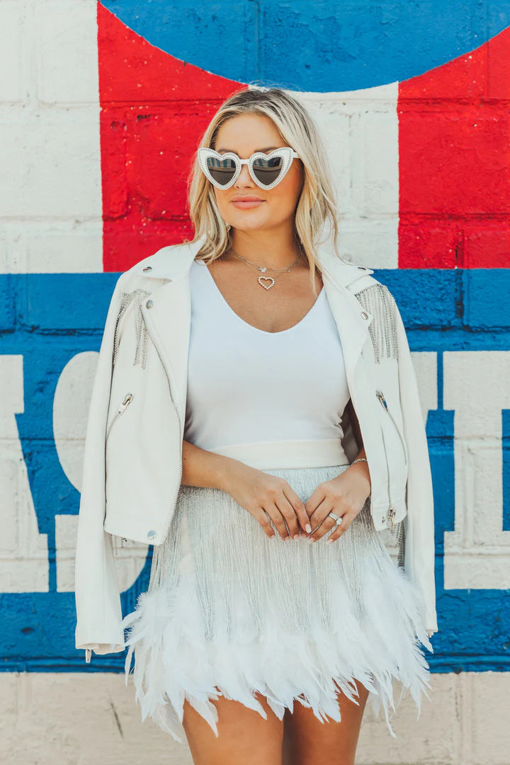 RIFE CRYSTAL FRINGE VEGAN LEATHER JACKET - WHITE | Love story boutique