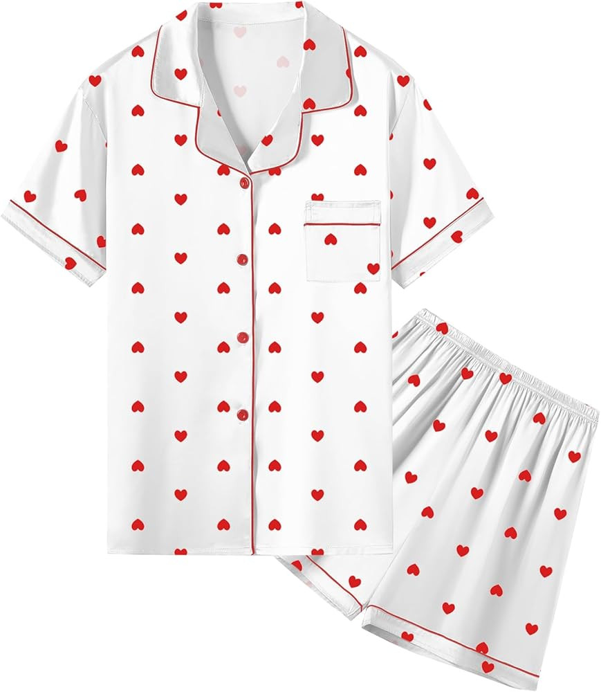 Umeyda Women & Girls Pajamas Set, Soft Satin Lightweight Silk Button-Down Top with Shorts 2 Piece... | Amazon (US)