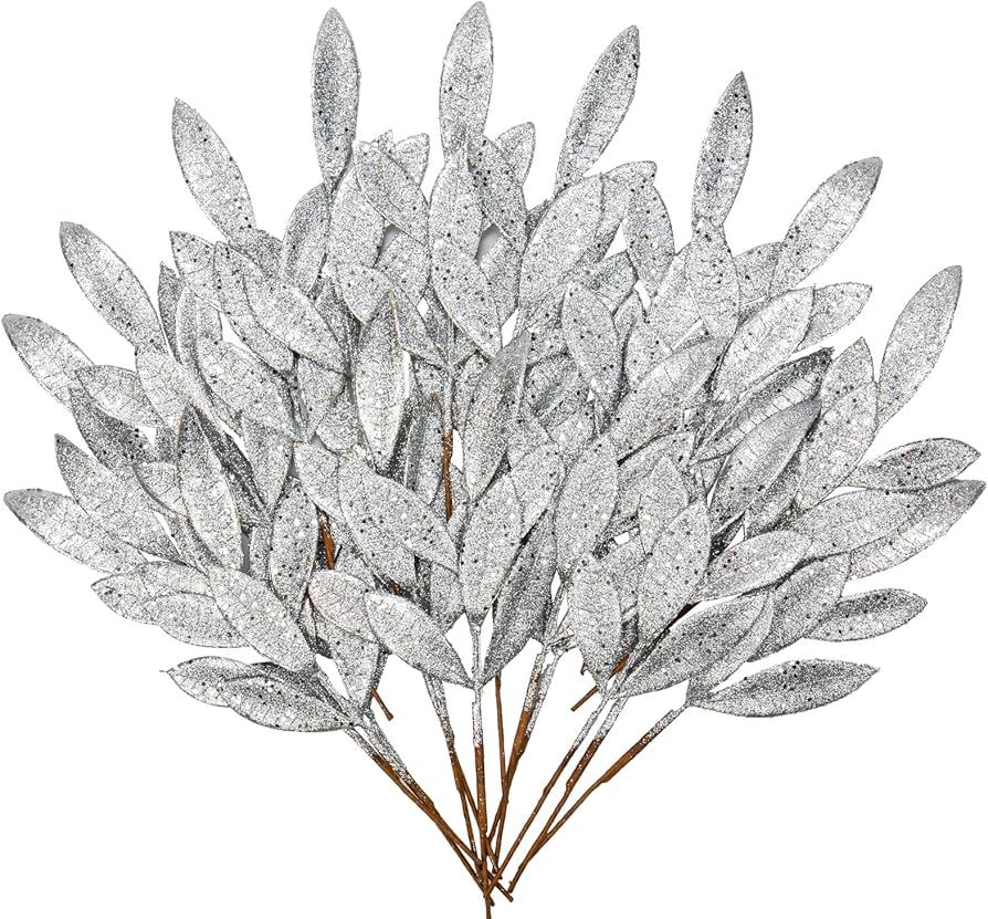 DILATATA 20 Pcs Christmas Glitter Bay Leaves 11" Silver Artificial Glitter Leaf Spray Christmas T... | Amazon (US)