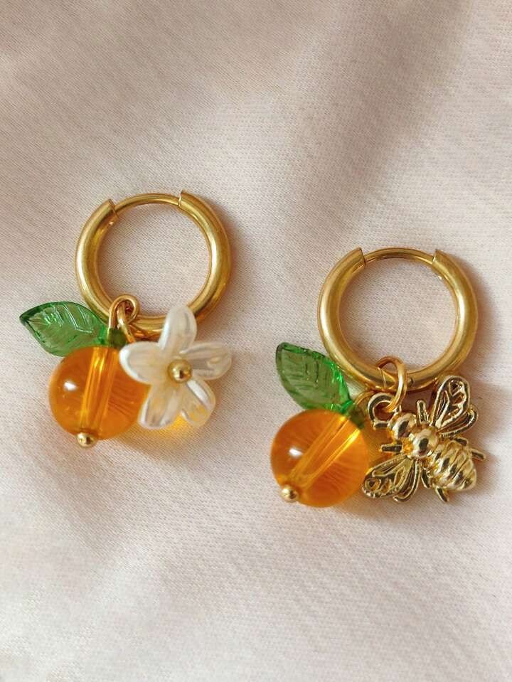 1 Pair Fashionable Orange Faux Fruit Honey Bee Stainless Steel Earrings, Suitable For Wearing Jewelry On Countryside Vacation | SHEIN