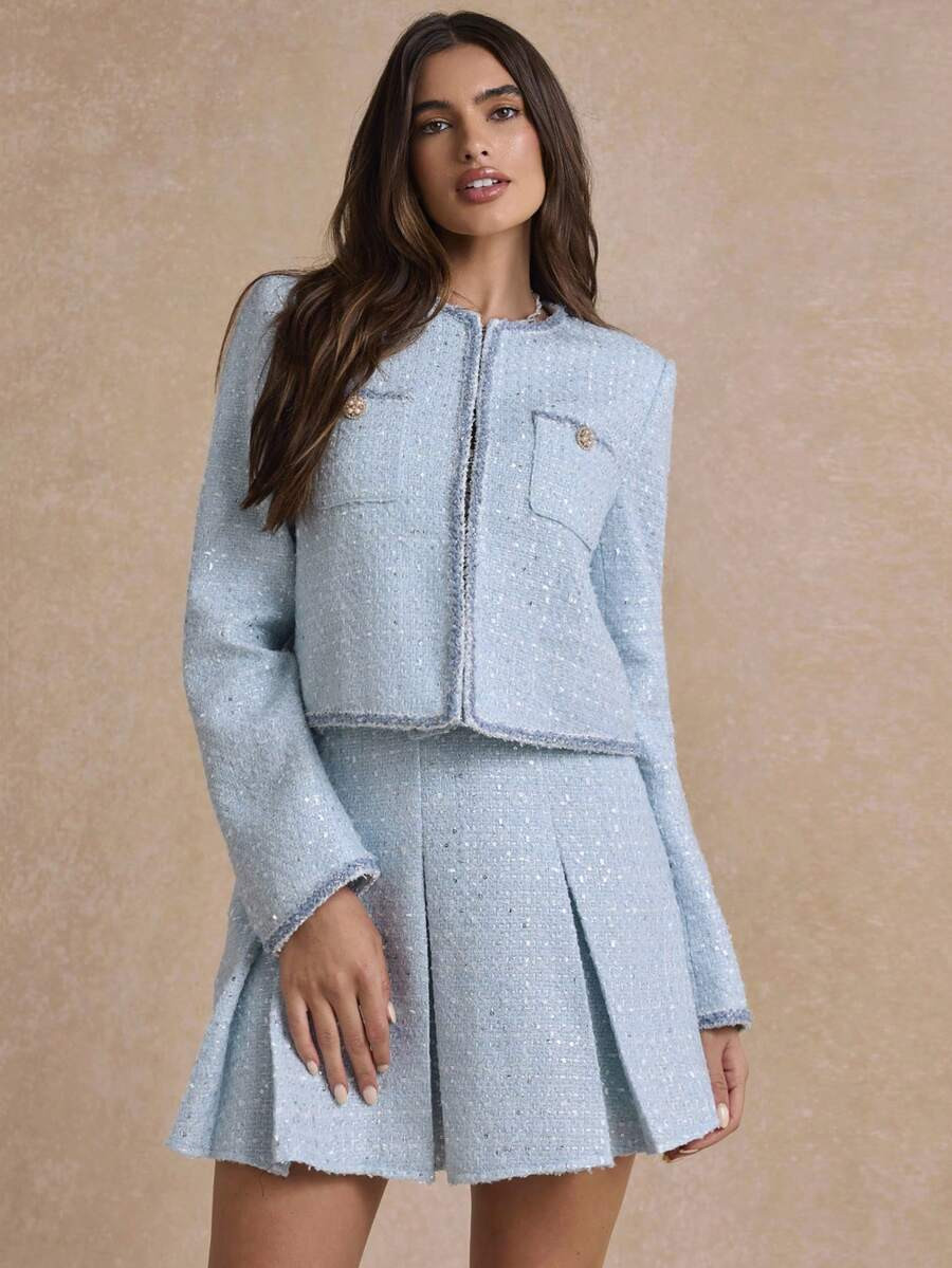 NEWEnchnt Premium Pre-Fall Romantic Women's Elegant Blue Shiny Details Tweed Jacket,Social Outfit... | SHEIN