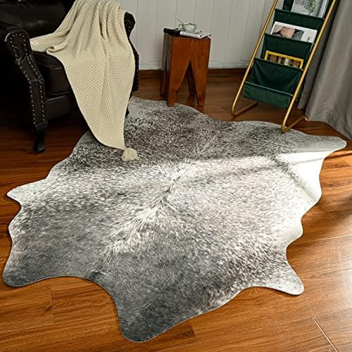 Rtizon Faux Cowhide Rug for Living Room, 5.2 x 6.2 Feet Grey, Cow Print Skins Rug for Bedroom, Durab | Amazon (US)