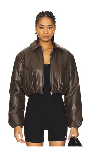 Faux Leather Cropped Premier Bomber Jacket in Espresso | Revolve Clothing (Global)