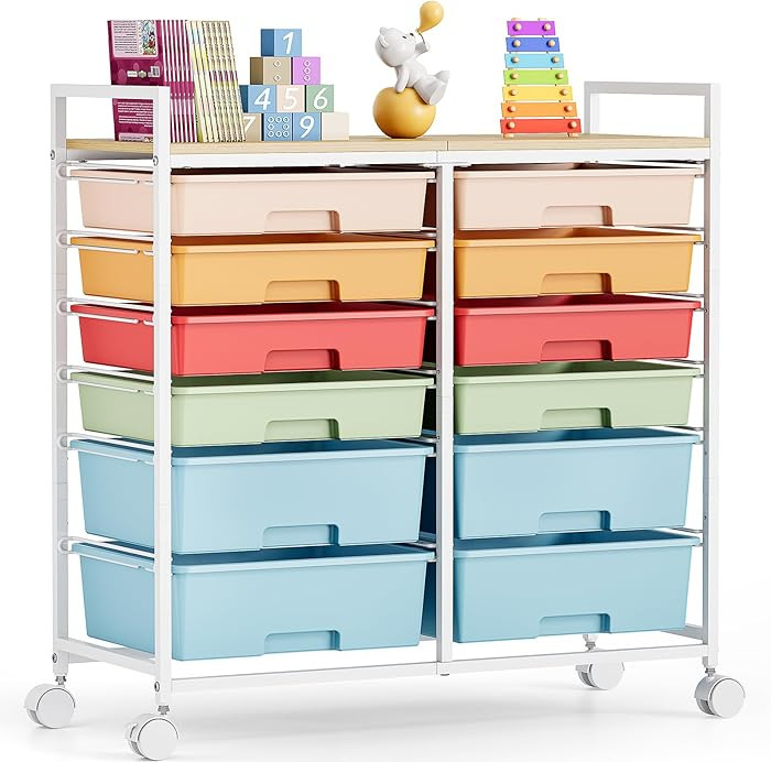 Rolling Storage Cart with 12 Drawers, Wooden Tabletop Utility Cart for Craft Storage, Art Supply ... | Amazon (US)