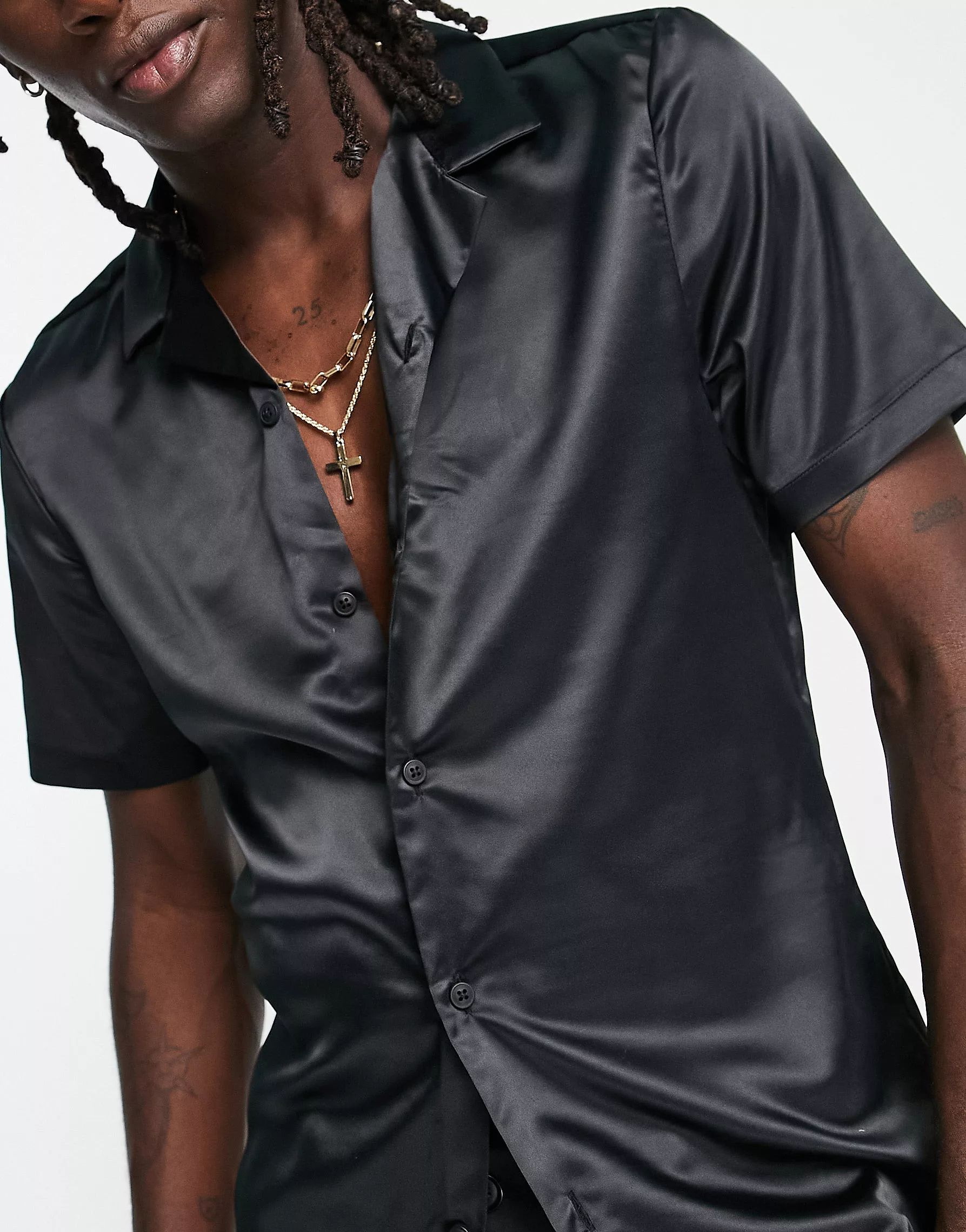 ASOS DESIGN skinny satin shirt in black | ASOS (Global)