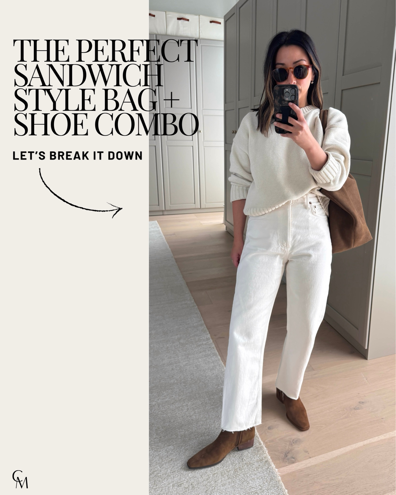 The sandwich method is one of my favorite ways to make an outfit feel more pulled together. Matching your bag and shoes creates balance and makes getting dressed so much easier.

Gap sweater petite small 
Everlane tee medium 
Agolde mid rise crop jeans 25 
Steve Madden define boots 5.5 
Madewell tote - sold out so linked the shoulder option in the same color 
Le Specs sunglasses 
Electric Picks earrings

#LTKmomlife #LTKPetite