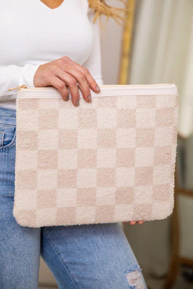 Fuzzy Nude Checkered Pouch | Pink Lily