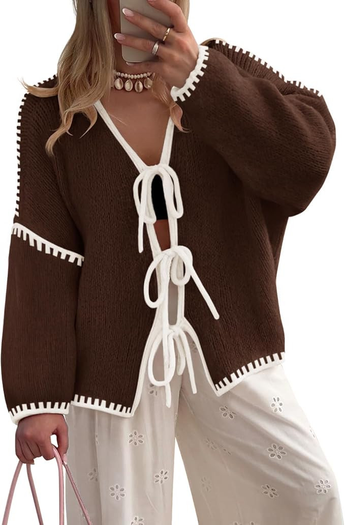 ZESICA Crdigans for Women Trendy 2025 Tie Front Bow Sweaters Casual Long Sleeve Winter Clothing C... | Amazon (US)