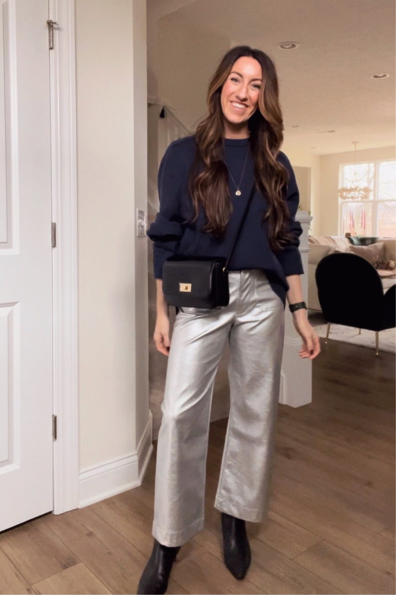 styling and wearing my husband’s sweater. 💁🏻‍♀️

Men’s sweater 
Jcrew
Anthropologie Colette 
silver faux leather pants

#LTKstyletip #LTKSeasonal #LTKsalealert