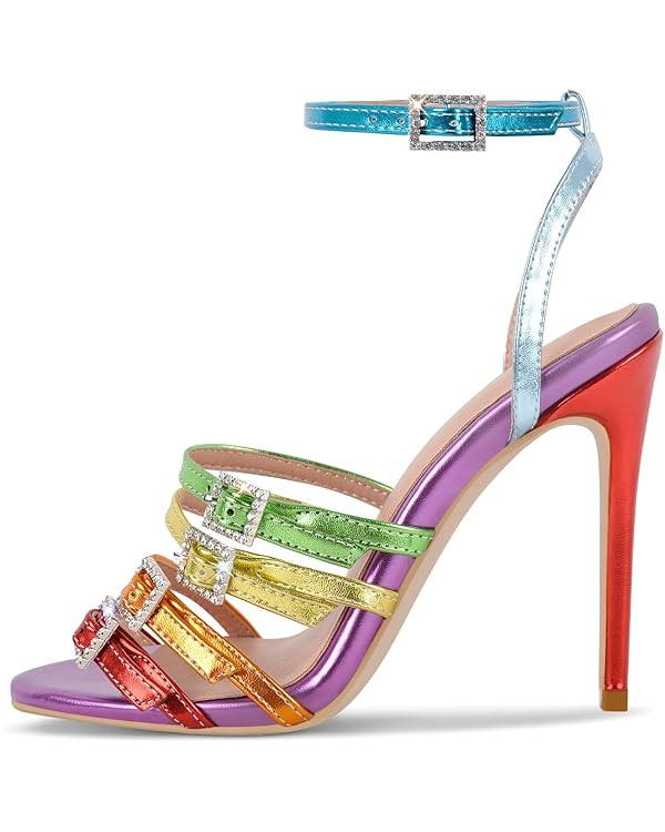 sexytag Women's Rainbow Ankle Strap Strappy High Heel Sandals Multicolor Metallic Strap Rhineston... | Amazon (US)
