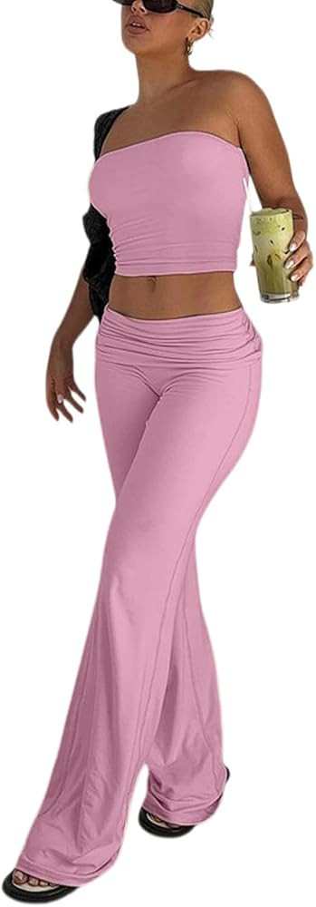 Sexy Women's 2 Piece Lounge Sets Pajama Outfits Casual yoga Crop tube Top High Waist Wide Leg Fol... | Amazon (US)