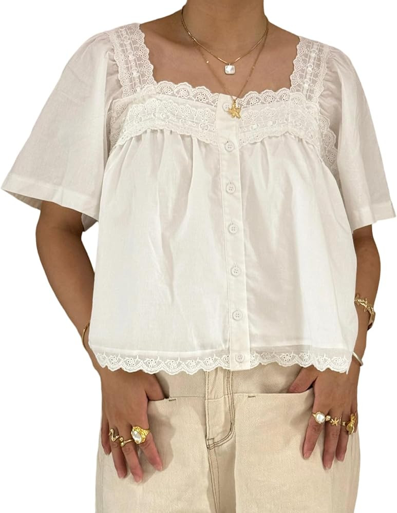 Women's Summer Lace Trim Tops Short Sleeve Square Neck Button Up Babydoll T-Shirt | Amazon (US)