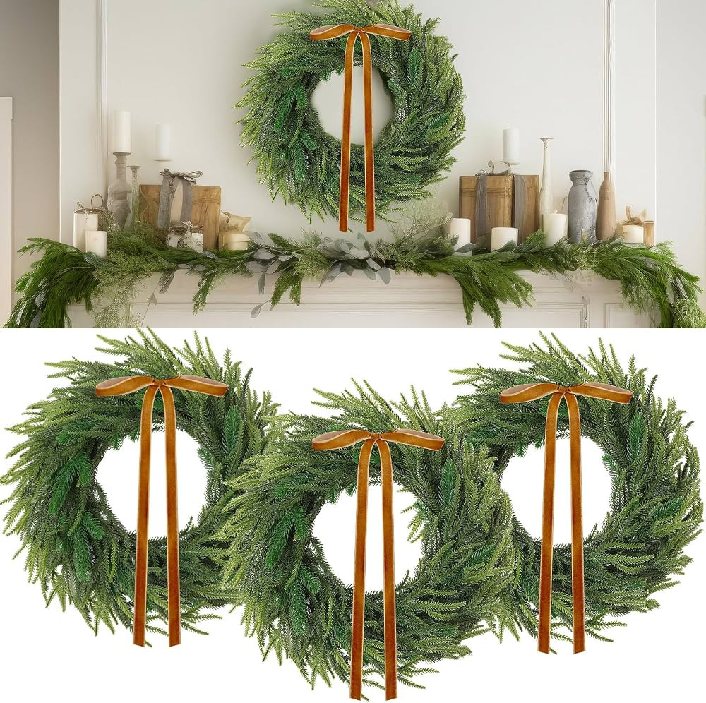 3 Pcs Christmas Norfolk Pine Wreath 20 Inch Artificial Real Touch Norfolk Wreath Winter Farmhouse Greenery Wreath with Ribbon Bow for Front Door Xmas Indoor Outdoor Home Decoration(Khaki) | Amazon (US)