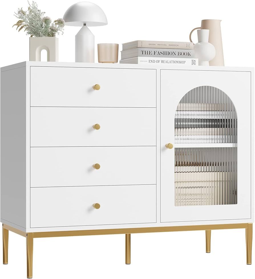 finetones White Dresser for Bedroom, Modern Dresser Wood Dresser with Waveform Glass Door and Gol... | Amazon (US)