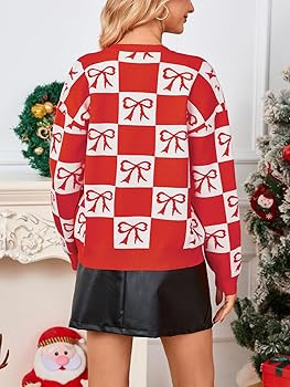 Bow Checkered Cardigan for Women Fall Open Front Chunky Knit Sweaters Crew Neck Button Down Jacke... | Amazon (US)