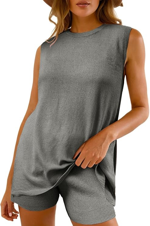 Glamaker Women's 2 Piece Shorts Sets Summer Sweater Ribbed Knit Tunic Top Matching Set Beach Vaca... | Amazon (US)