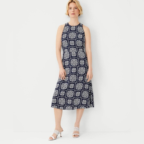 Ann Taylor Navy Blue Midi Dress | white tile pattern | flowy and comfortable | Poshmark