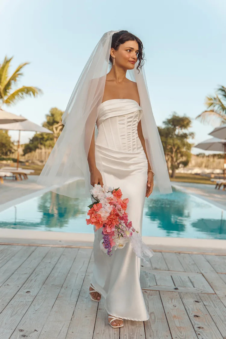 Dawn White Satin Strapless Column Maxi Dress | Lulus